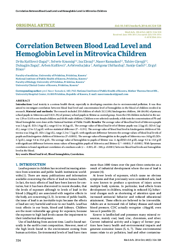 (PDF) Correlation Between Blood Lead Level and Hemoglobin Level in ...