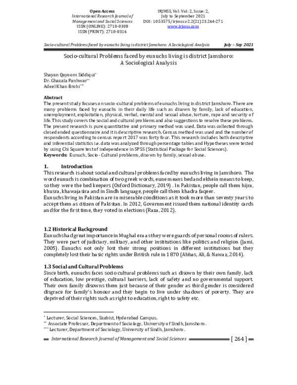 Pdf Socio Cultural Problems Faced By Eunuchs Living Is District