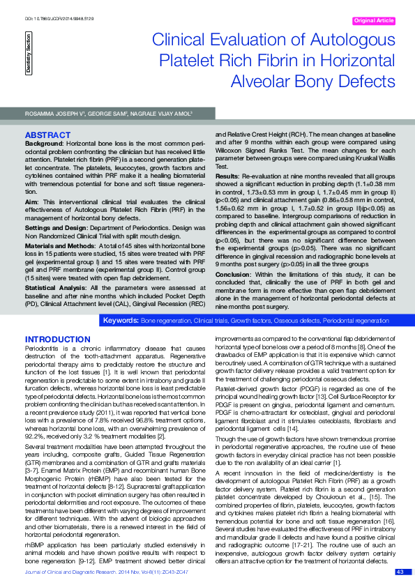 (PDF) Clinical Evaluation of Autologous Platelet Rich Fibrin in ...