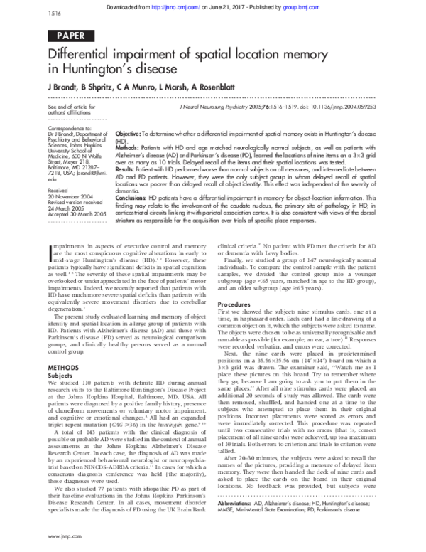 (PDF) Differential impairment of spatial location memory in Huntington ...