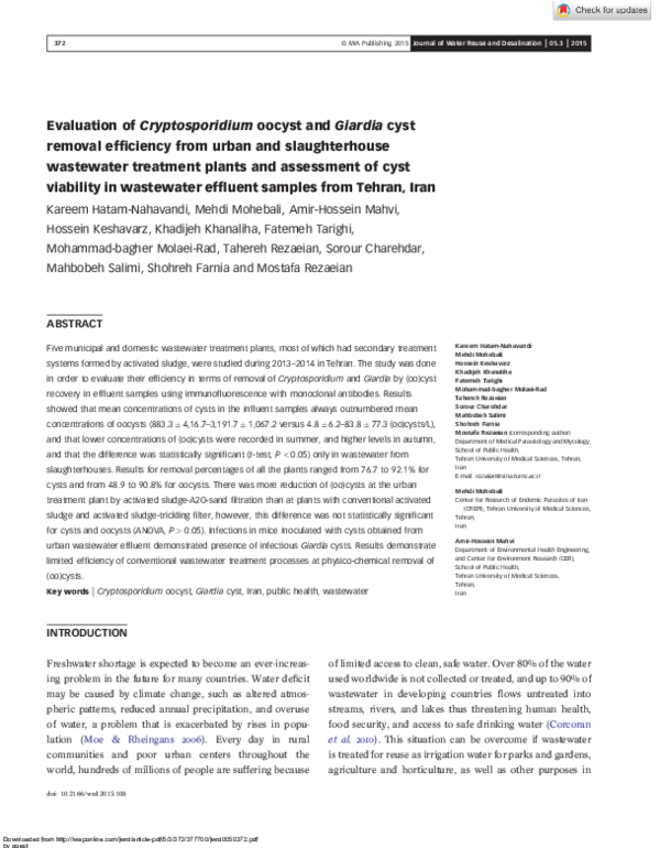 (PDF) Evaluation of Cryptosporidium oocyst and Giardia cyst removal ...
