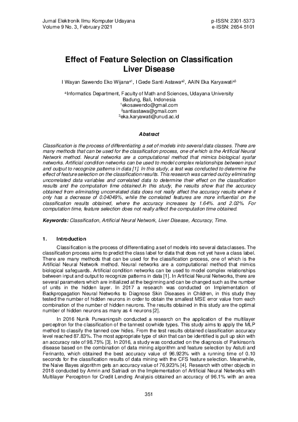 (PDF) Effect of Feature Selection on Classification Liver Disease