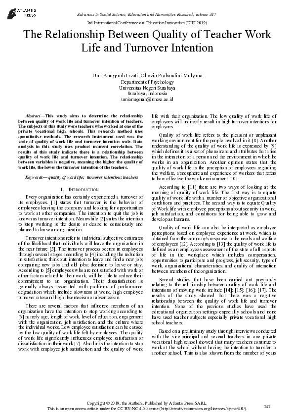 (PDF) The Relationship Between Quality of Teacher Work Life and ...