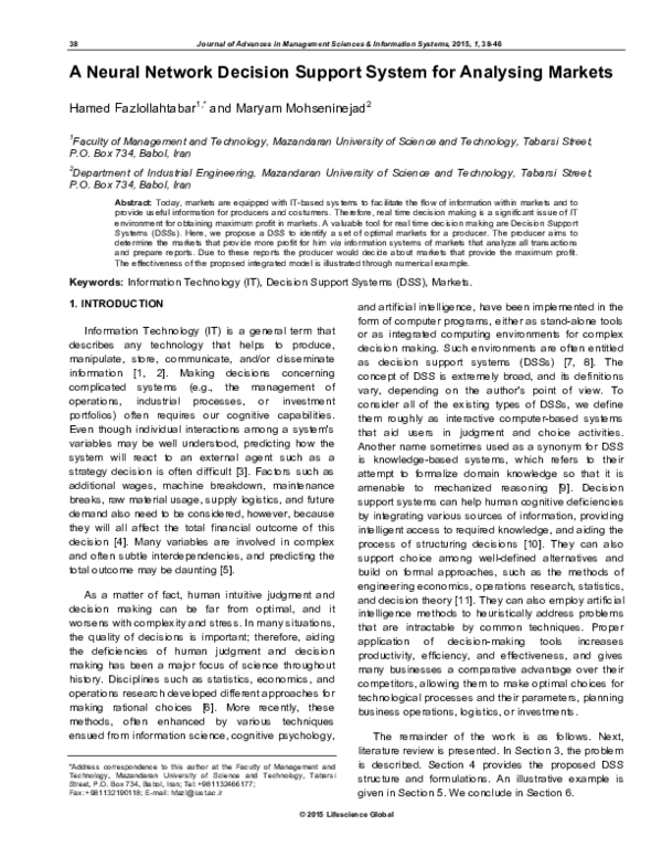 (PDF) A Neural Network Decision Support System for Analysing Markets