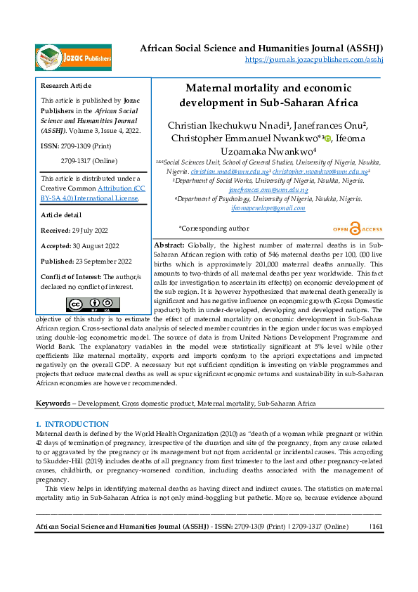 (PDF) Maternal mortality and economic development in Sub-Saharan Africa