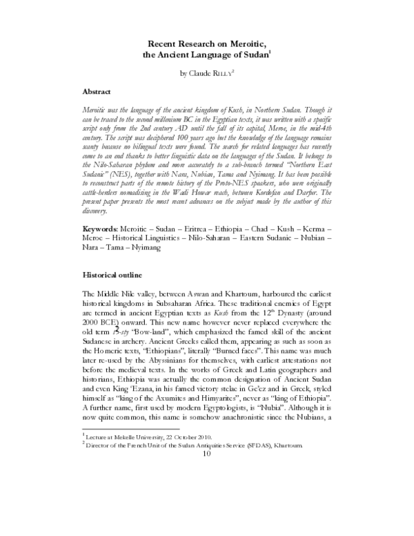 (PDF) Recent Research on Meroitic, the Ancient Language of Sudan 1