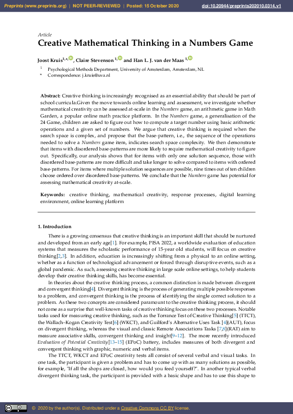 (PDF) Creative Mathematical Thinking in a Numbers Game