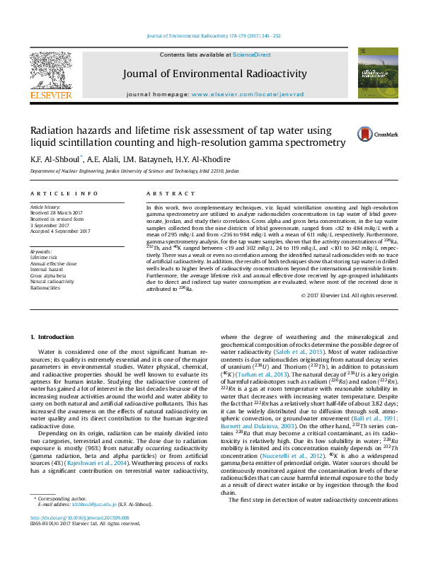 (PDF) Radiation hazards and lifetime risk assessment of tap water using liquid scintillation