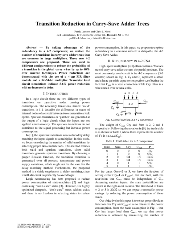 (PDF) Transition reduction in carry-save adder trees