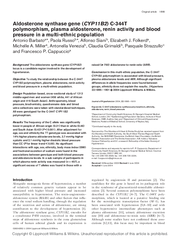 (PDF) Aldosterone Synthase Gene (CYP11B2) C-344T Polymorphism, Blood ...