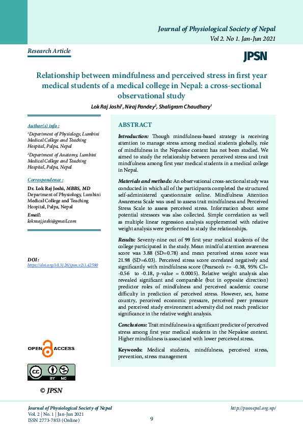 (PDF) Relationship between mindfulness and perceived stress in first ...