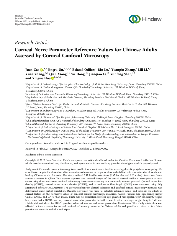 (PDF) Corneal Nerve Parameter Reference Values for Chinese Adults ...