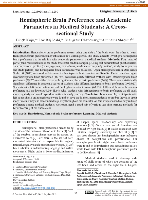 (PDF) Hemispheric Brain Preference and Academic Parameters in Medical ...