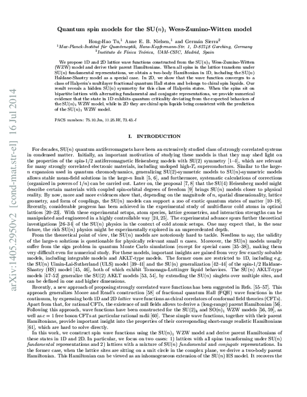 (PDF) Quantum spin models for the SU(n)1 Wess–Zumino–Witten model