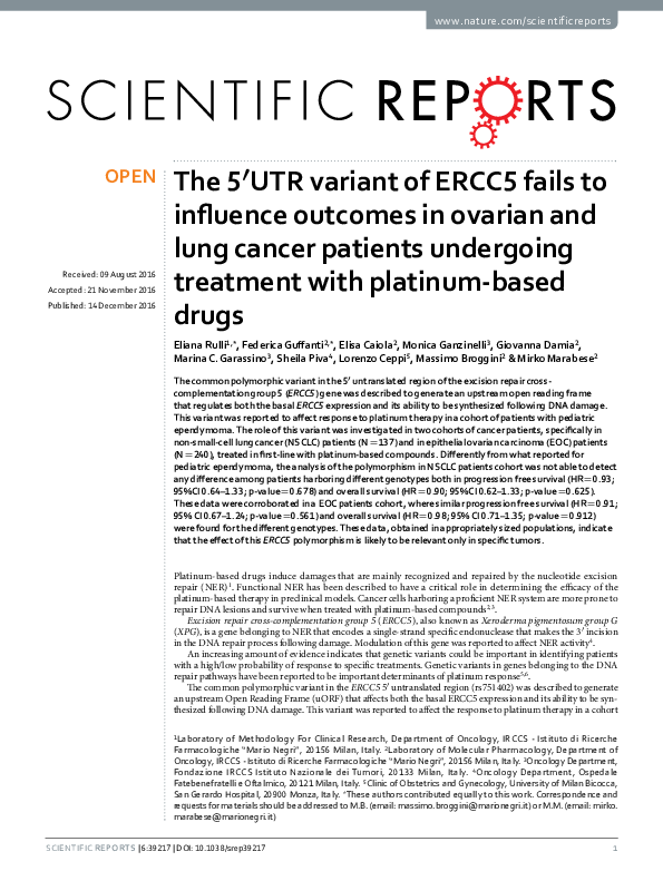 (PDF) The 5′UTR variant of ERCC5 fails to influence outcomes in ovarian ...