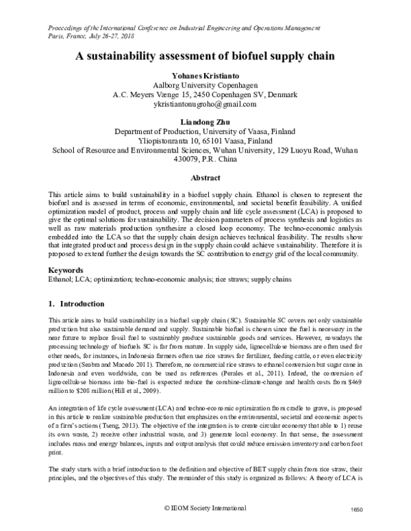 (PDF) A sustainability assessment of biofuel supply chain