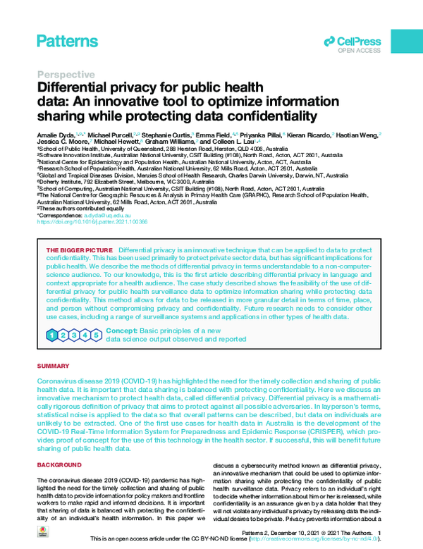 (PDF) Differential privacy for public health data: An innovative tool ...