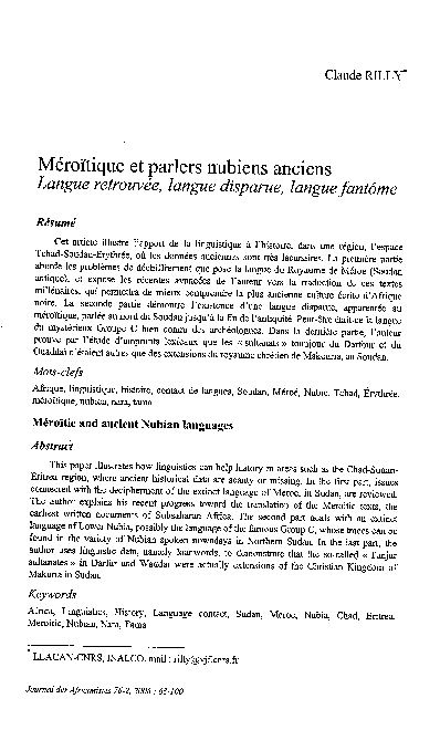 (PDF) Méroïtique et parlers nubiens anciens