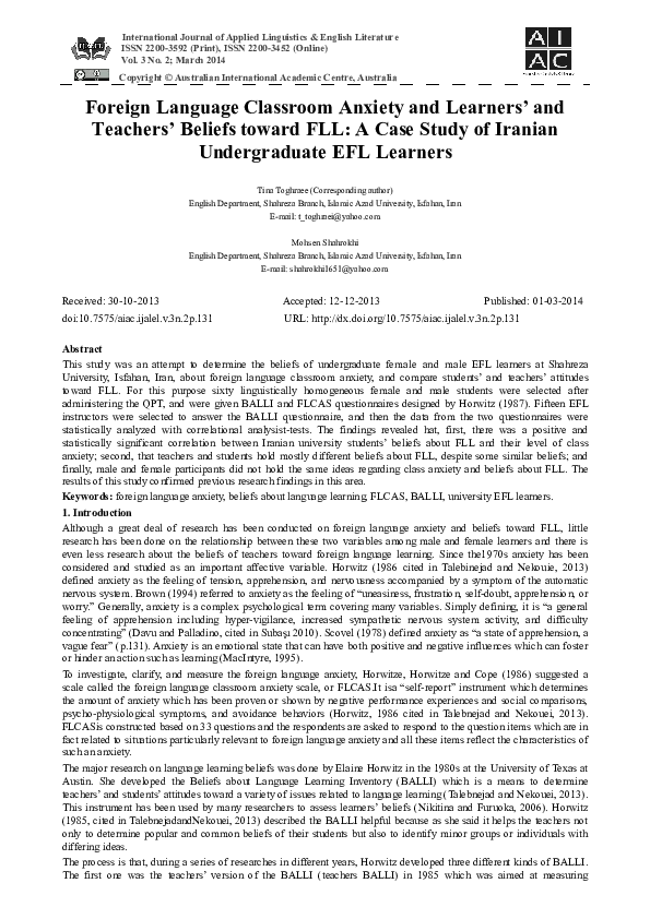 (PDF) Foreign Language Classroom Anxiety and Learners’ and Teachers ...