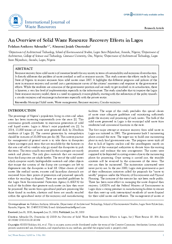 (PDF) An Overview of Solid Waste Resource Recovery Efforts in Lagos