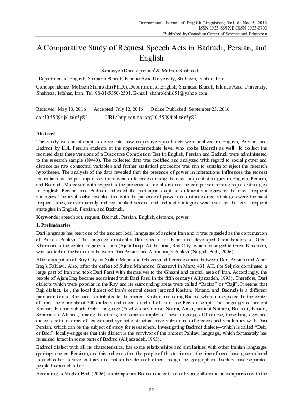 (PDF) A Comparative Study of Request Speech Acts in Badrudi, Persian ...