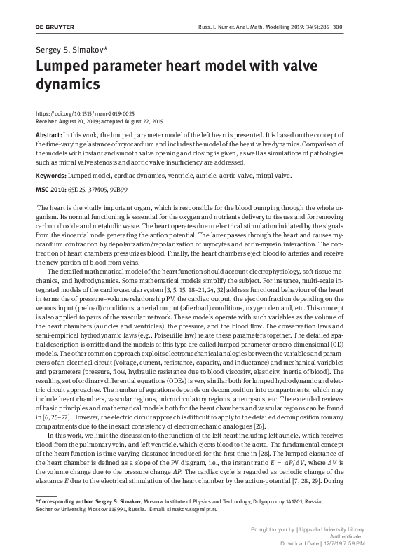 (PDF) Lumped parameter heart model with valve dynamics