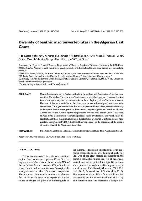 (PDF) Diversity of benthic macroinvertebrates in the Algerian East Coast