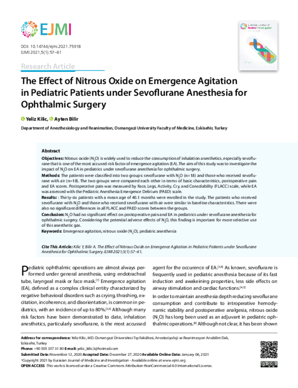 (PDF) The Effect of Nitrous Oxide on Emergence Agitation in Pediatric ...