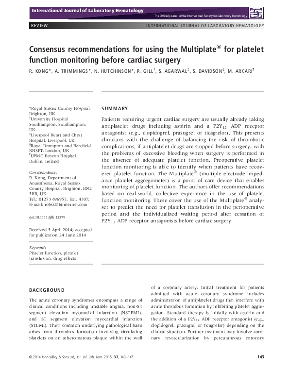 (PDF) Consensus recommendations for using the Multiplate®for platelet ...