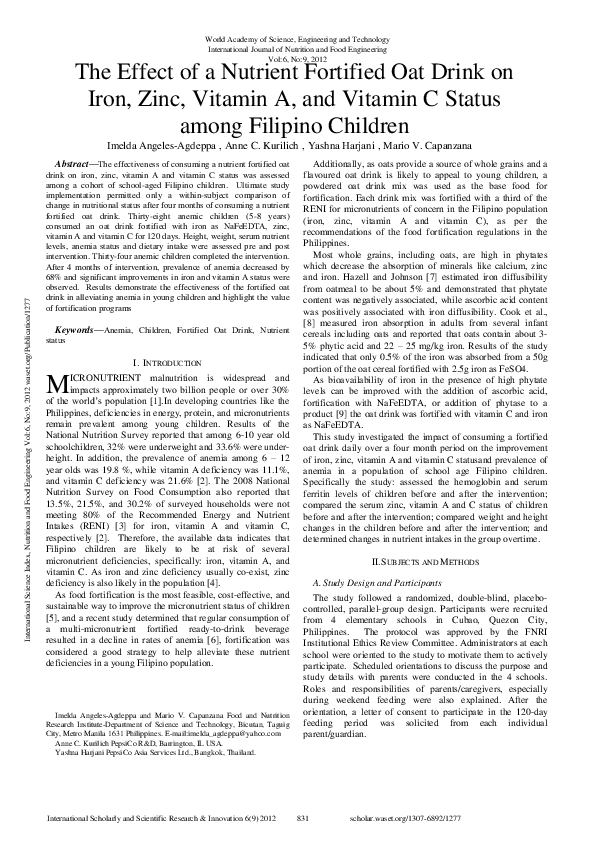 (PDF) The Effect Of A Nutrient Fortified Oat Drink On Iron, Zinc ...