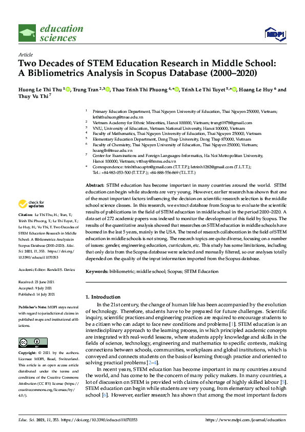 (PDF) Two Decades of STEM Education Research in Middle School: A ...
