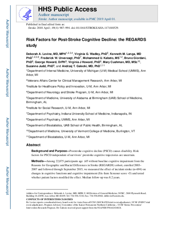 (PDF) Risk Factors for Poststroke Cognitive Decline: The REGARDS Study ...