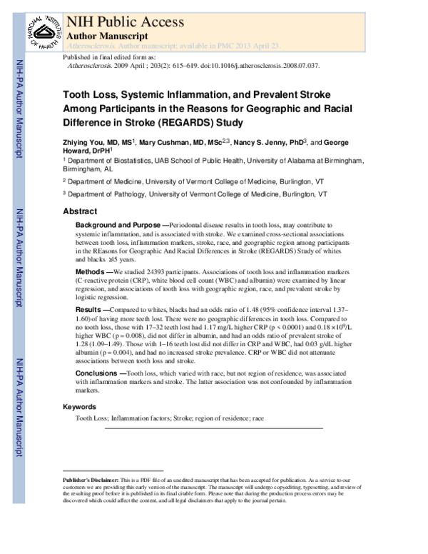 (PDF) Tooth loss, systemic inflammation, and prevalent stroke among ...