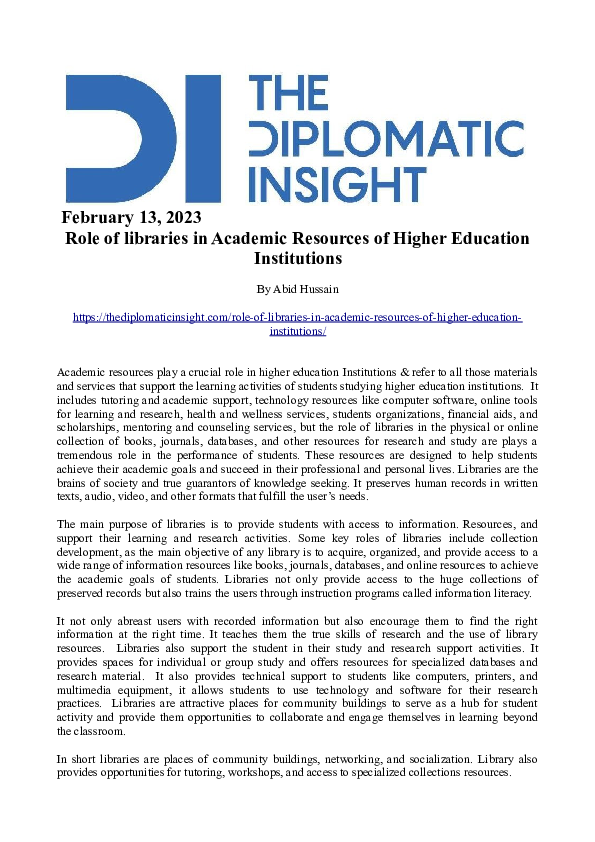 (PDF) Role of libraries in Academic Resources of Higher Education ...