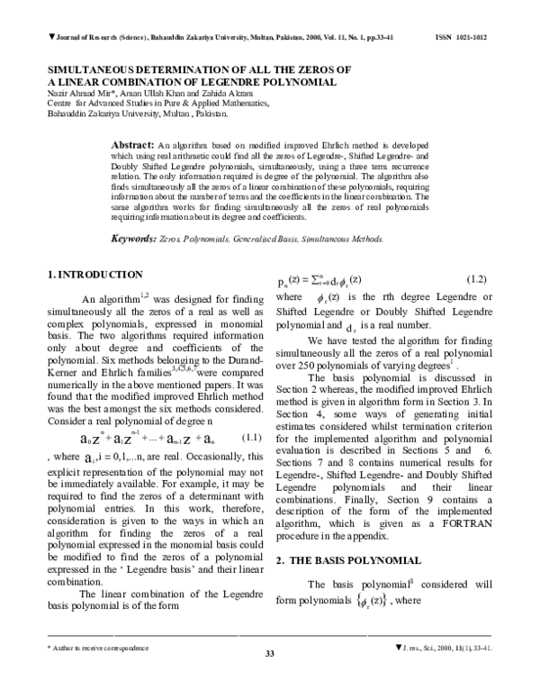 (PDF) Simultaneous Determination of All the Zeros of a Linear