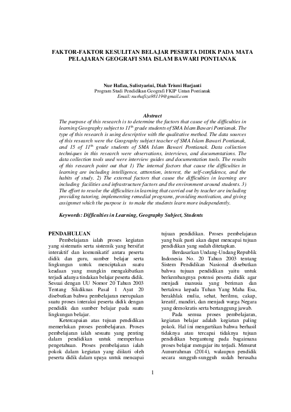 (PDF) Faktor-Faktor Kesulitan Belajar Peserta Didik Pada Mata Pelajaran