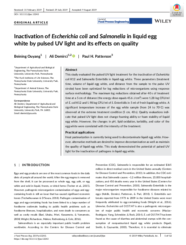 (PDF) Inactivation of Escherichia coli and Salmonella in liquid egg ...