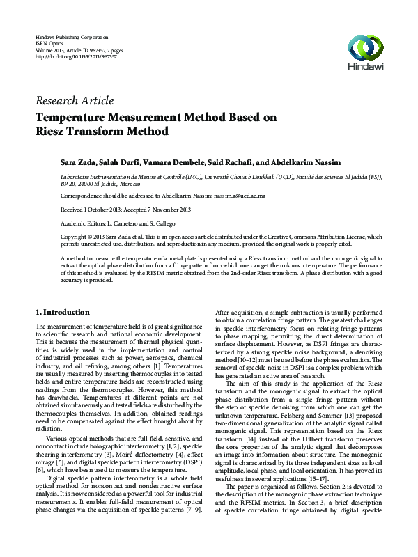 (PDF) Temperature Measurement Method Based on Riesz Transform Method