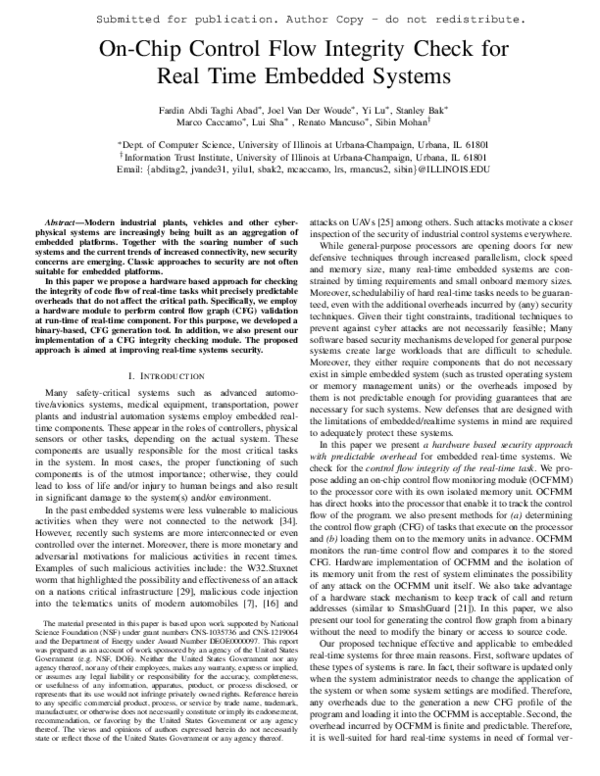 (PDF) On-chip control flow integrity check for real time embedded systems