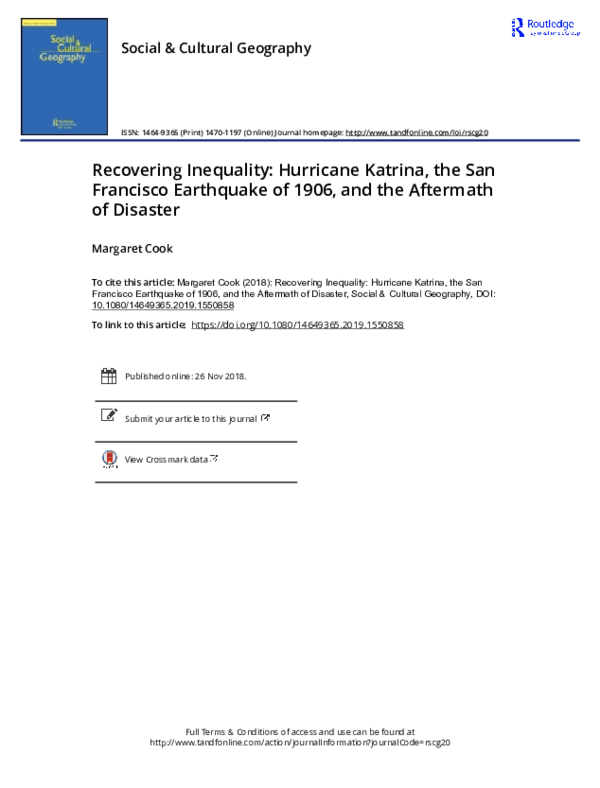 Recovering Inequality: Hurricane Katrina, the San Francisco Earthquake of 1906, and the Aftermath of Disaster