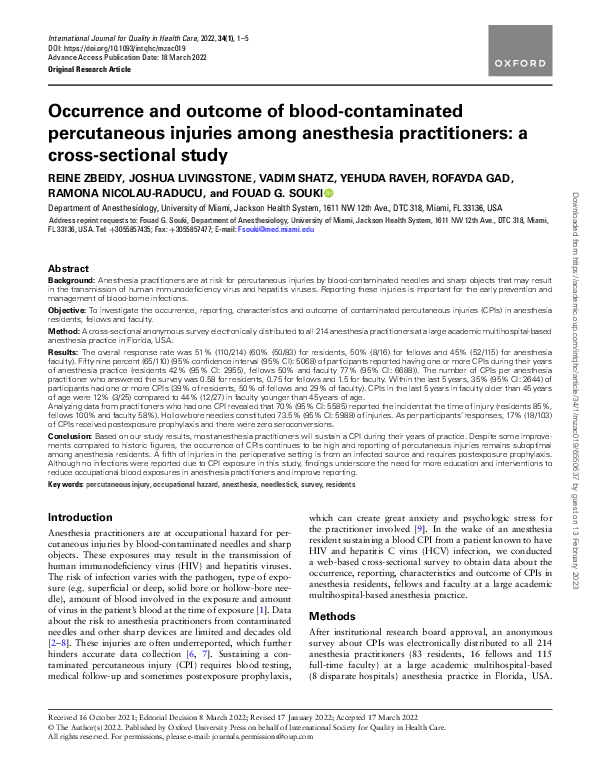 (PDF) Occurrence and outcome of blood-contaminated percutaneous ...