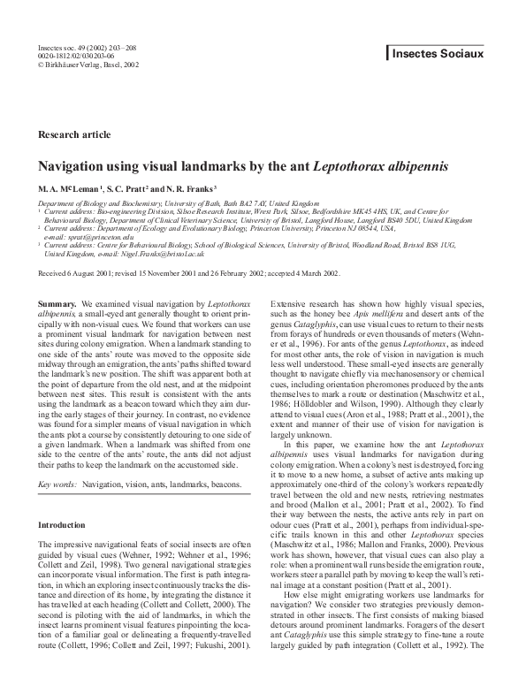 (PDF) Ant Navigation via Visual Landmarks in Leptothorax albipennis