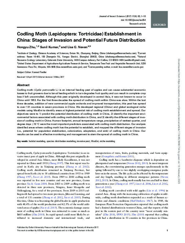 (PDF) Codling Moth (Lepidoptera: Tortricidae) Establishment in China ...