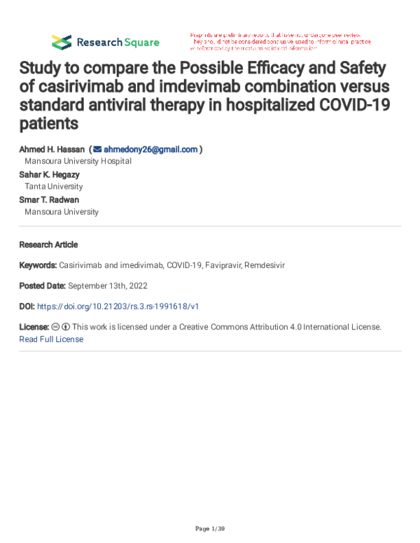(PDF) Study to compare the Possible Efficacy and Safety of casirivimab ...