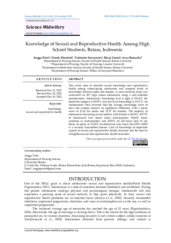 (PDF) Knowledge of Sexual and Reproductive Health Among High School ...