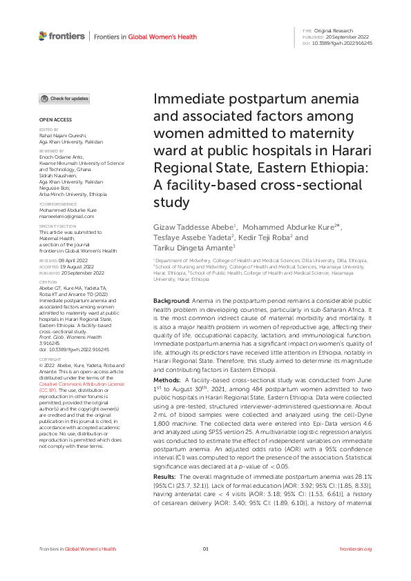 (PDF) Immediate postpartum anemia and associated factors among women ...