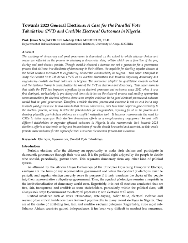 (DOC) Towards 2023 General Elections: A Case for the Parallel Vote ...