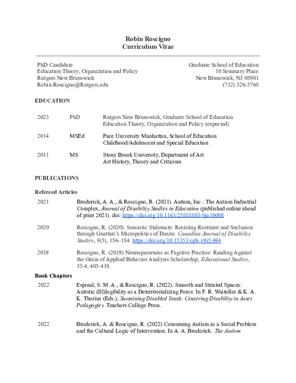 (PDF) 2023 Spring Updated CV Robin Roscigno Academia.edu
