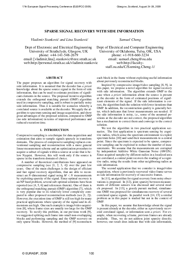 (PDF) Sparse Signal Recovery With Side Information