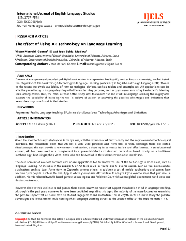 (PDF) The Effect of Using AR Technology on Language Learning